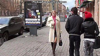 Brunette In Stockings Receives A Public Blowjob And Anal In A 3some